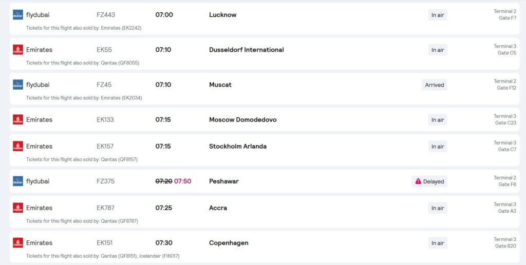 Dubai flight delay update March 2026 showing flydubai and Emirates departures with delayed Peshawar flight and live airport schedule