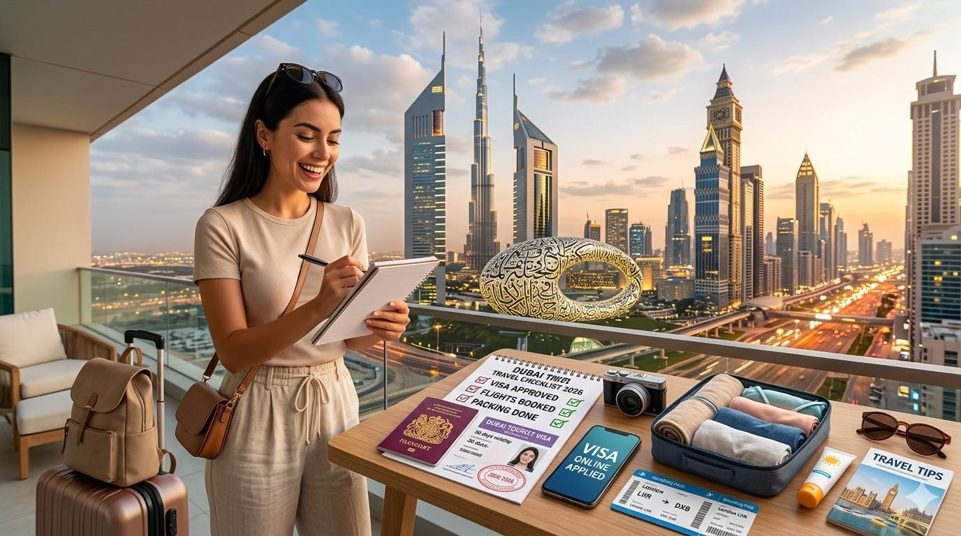 A woman reviews a checklist on a balcony overlooking the Dubai skyline at sunset, with a suitcase, passport, visa documents