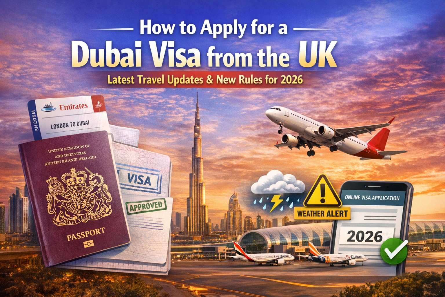 Dubai visa from UK 2026 featured image showing Burj Khalifa skyline, UK passport with approved visa, flight departure, and travel updates