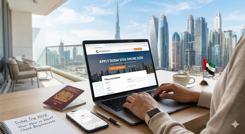 A person at a desk with a passport and calendar is typing on a laptop, which displays an online form to apply for a Dubai visa in 2026