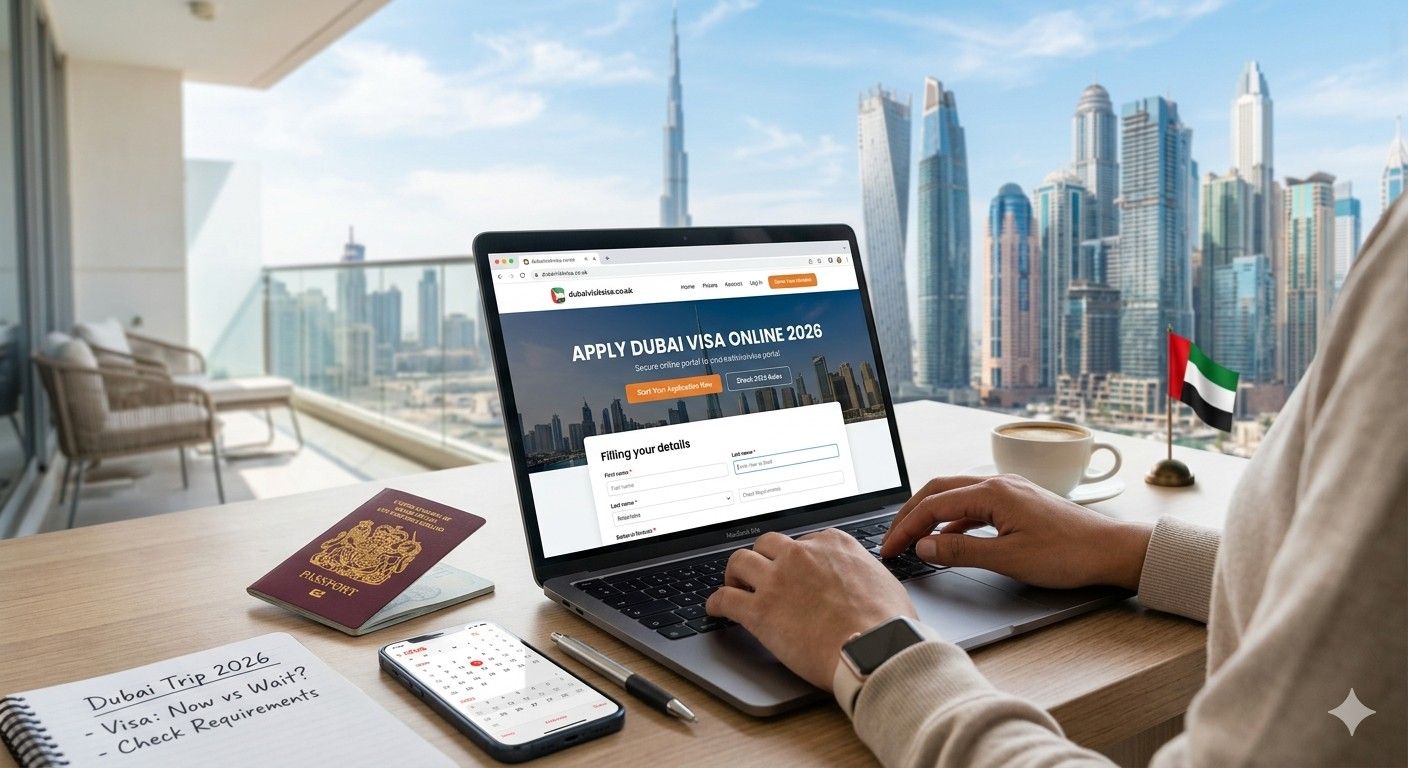 A person at a desk with a passport and calendar is typing on a laptop, which displays an online form to apply for a Dubai visa in 2026