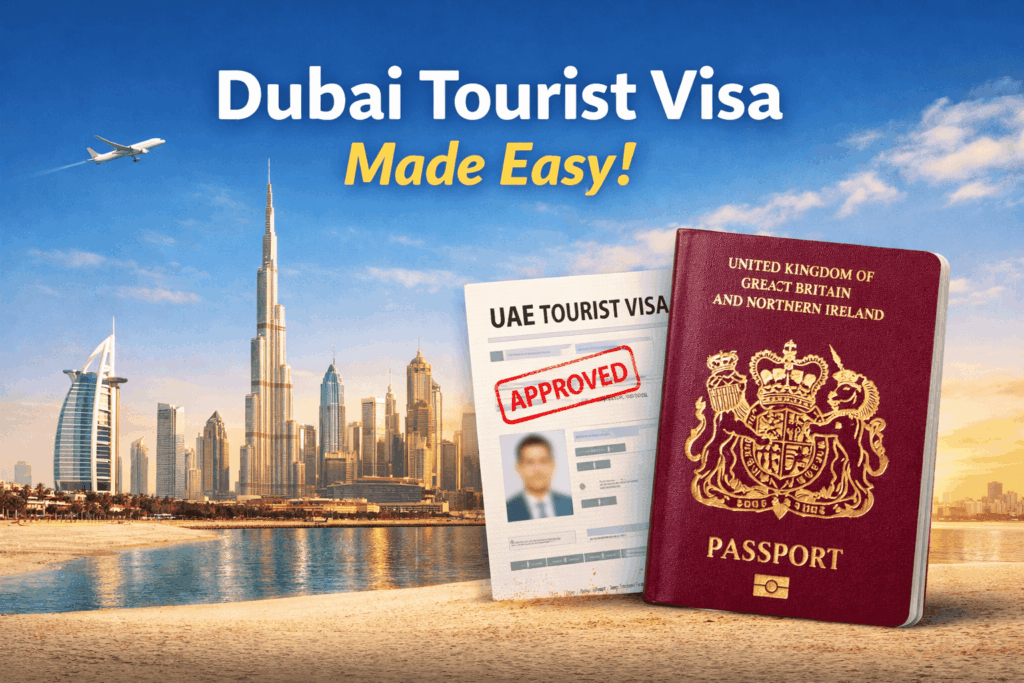 Dubai visa online process for UK residents showing tourist visa options, fast approval, and UAE travel application banner