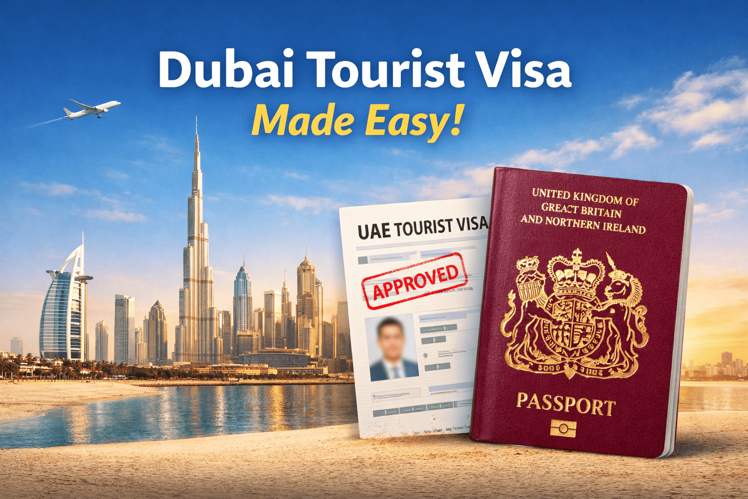 Dubai visa online process for UK residents showing tourist visa options, fast approval, and UAE travel application banner