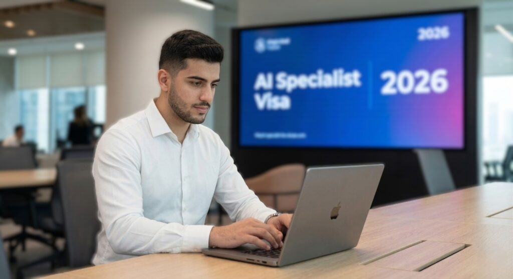 A male professional works on his laptop in a modern co-working space, with a large digital screen behind him displaying 'AI Specialist Visa' and '2026', representing one of the new visa categories available in Dubai.