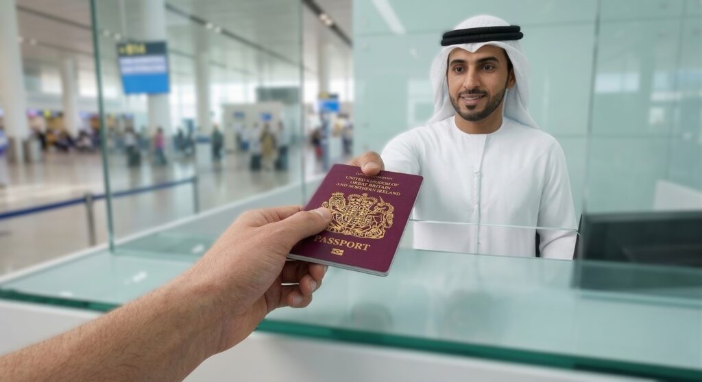 A first-person view of a traveler handing their British passport to a smile-wearing immigration officer in traditional Emirati attire (kandura and ghutra) behind a glass counter at Dubai International Airport (DXB).