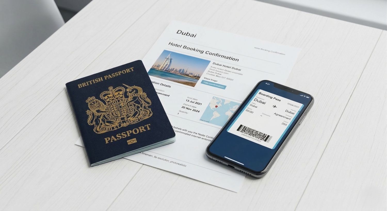 A flat lay of essential travel items for a Dubai trip, including a British passport, a printed hotel booking confirmation, and a smartphone displaying a boarding pass with a QR code, all on a light wooden surface.