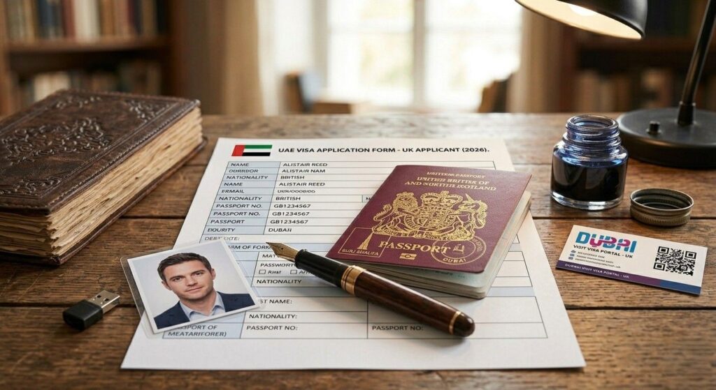 Close-up of a completed UAE visa application form for a UK applicant on a wooden desk, along with a British passport, a passport photo of Alistair Reed, a fountain pen, and a Dubai Visit Visa Portal