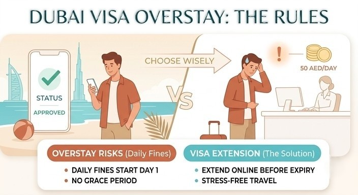 A comparative infographic titled 'DUBAI VISA OVERSTAY: THE RULES', split into two sides with 'VS' in the center. The left side (peach background) shows a relaxed man on a beach near the Burj Al Arab and Burj Khalifa, checking a smartphone that reads 'STATUS APPROVED'.