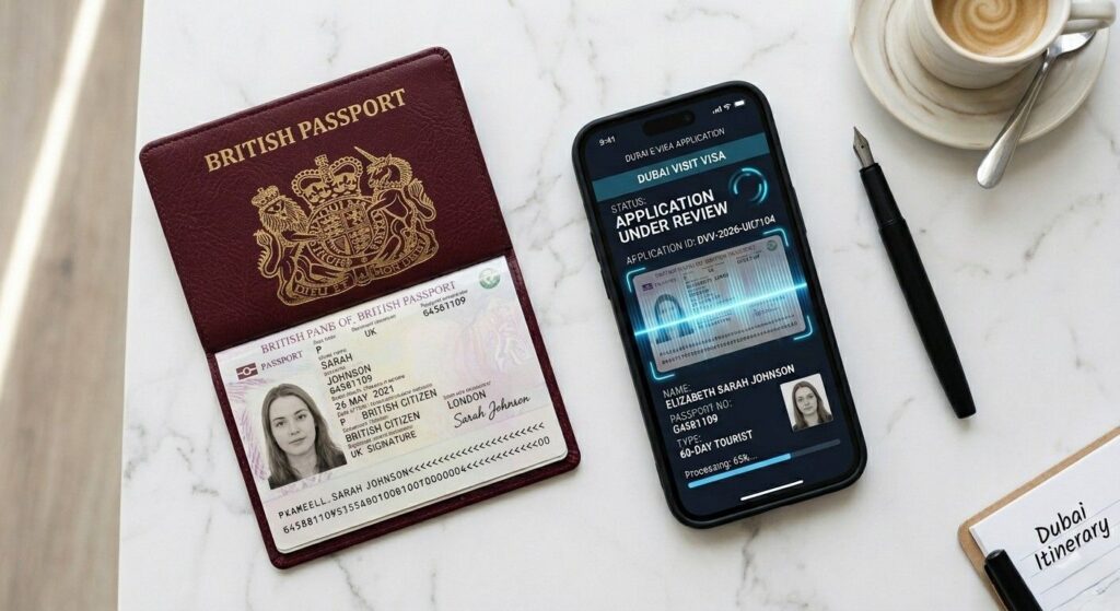 A British passport and a smartphone on a marble desk showing a digital Dubai visa application under review with scanning lines, illustrating UAE immigration rules 2026.