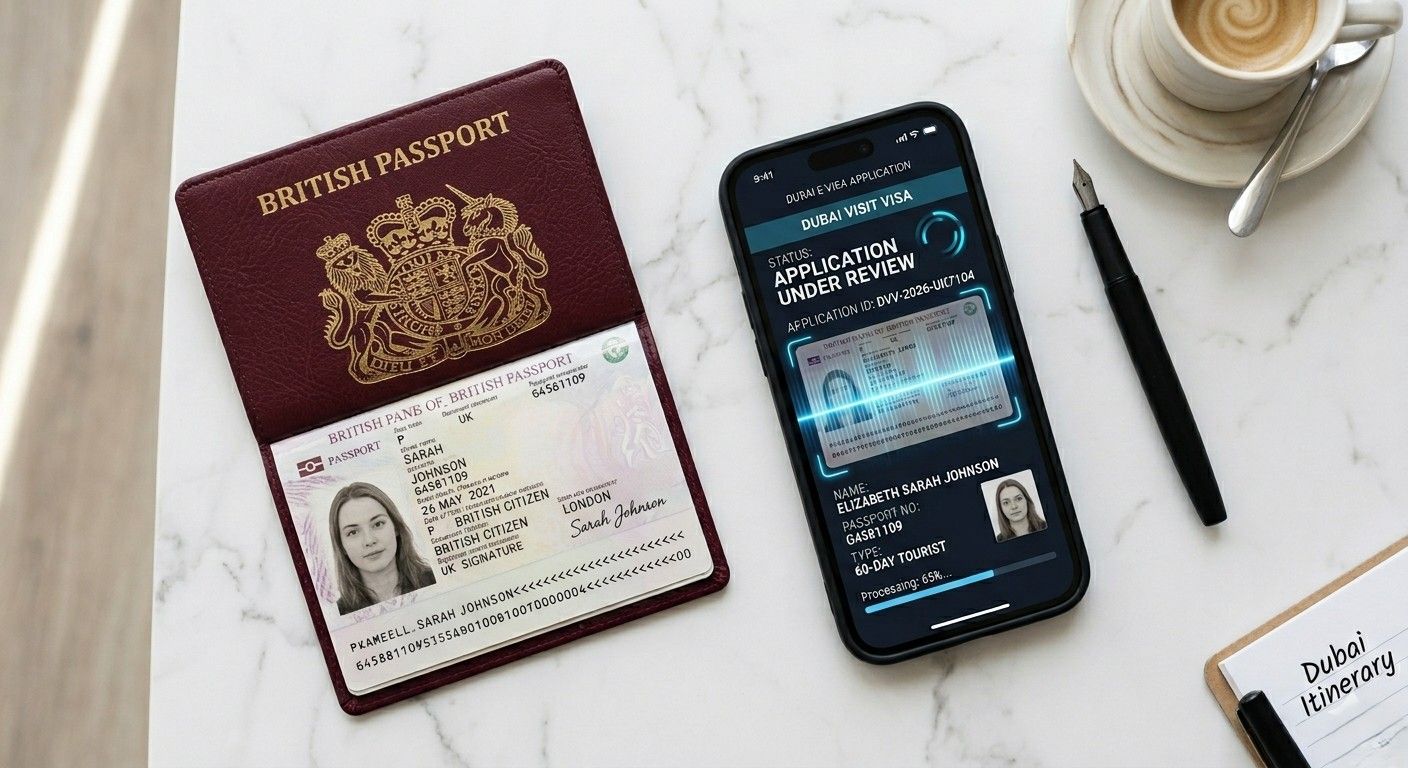 A British passport and a smartphone on a marble desk showing a digital Dubai visa application under review with scanning lines, illustrating UAE immigration rules 2026.