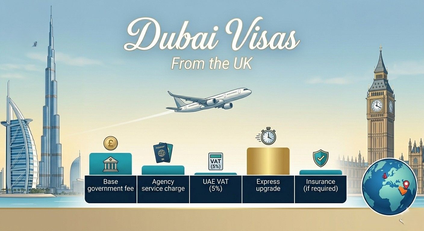An infographic illustrating Dubai visa options and cost components for travelers from the UK in 2026.