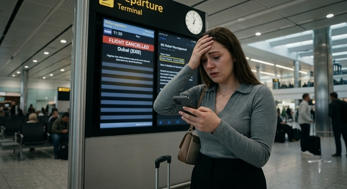 A distressed woman crying in an airport departure terminal, looking at her phone after seeing her flight cancelled on the screen.