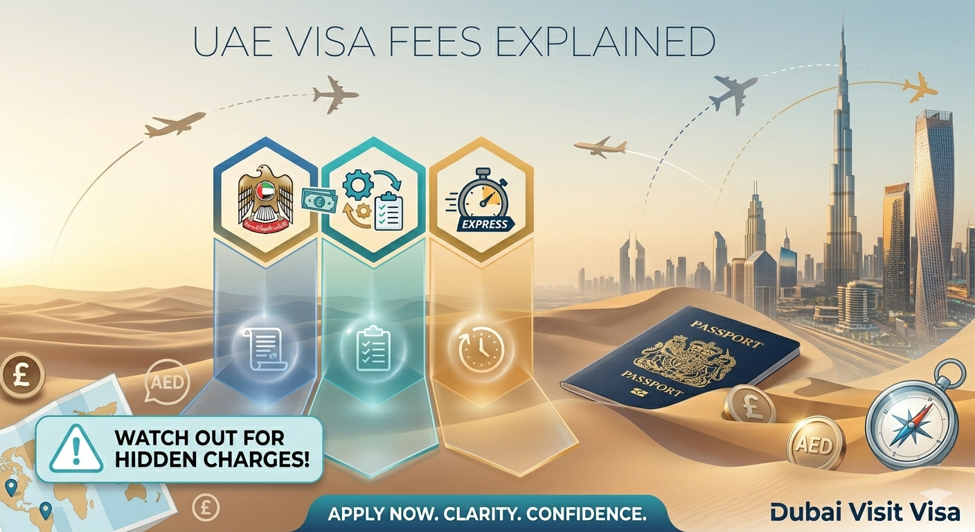 An aesthetic digital illustration of a UK passport and British pound coins resting on desert dunes with the Dubai skyline and Burj Khalifa in the background, featuring a clean infographic overlay about UAE visa costs
