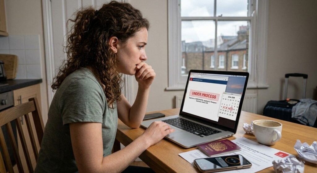 A worried young British woman checks her laptop for a delayed Dubai visa status while packed luggage waits.