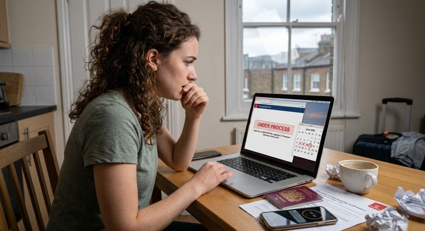 A worried young British woman checks her laptop for a delayed Dubai visa status while packed luggage waits.
