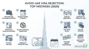 An infographic illustrating common UAE visa rejection mistakes for 2026, including blurry documents, expiring passports, mismatched information, previous overstays, and incorrect visa types, set against a background of the Burj Khalifa and a rejection graph.