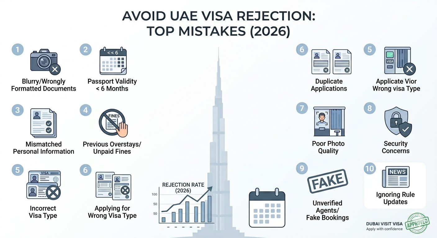 An infographic illustrating common UAE visa rejection mistakes for 2026, including blurry documents, expiring passports, mismatched information, previous overstays, and incorrect visa types, set against a background of the Burj Khalifa and a rejection graph.