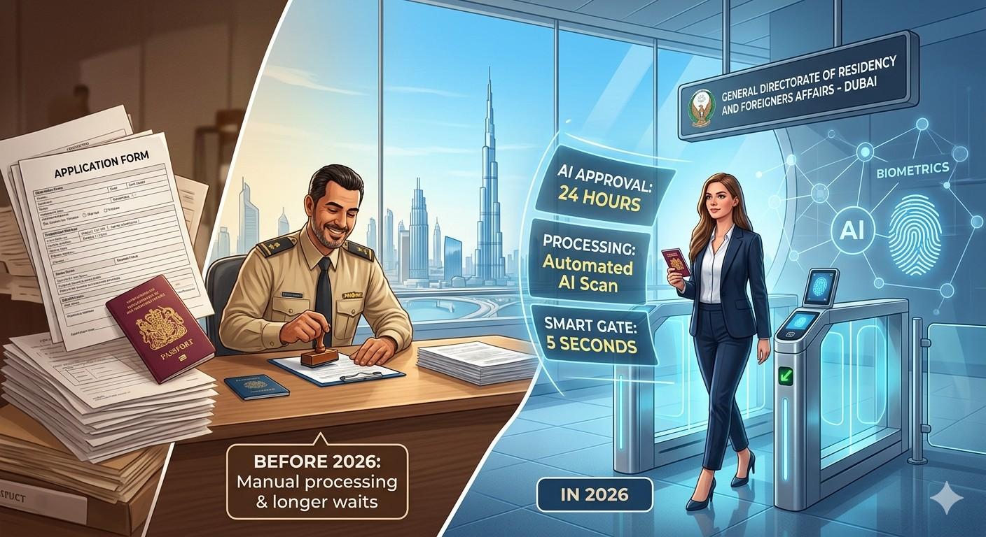 A split image illustrating the transformation of Dubai visa processing. On the left, a traditional setting shows an immigration officer manually processing a paper application form for a UK