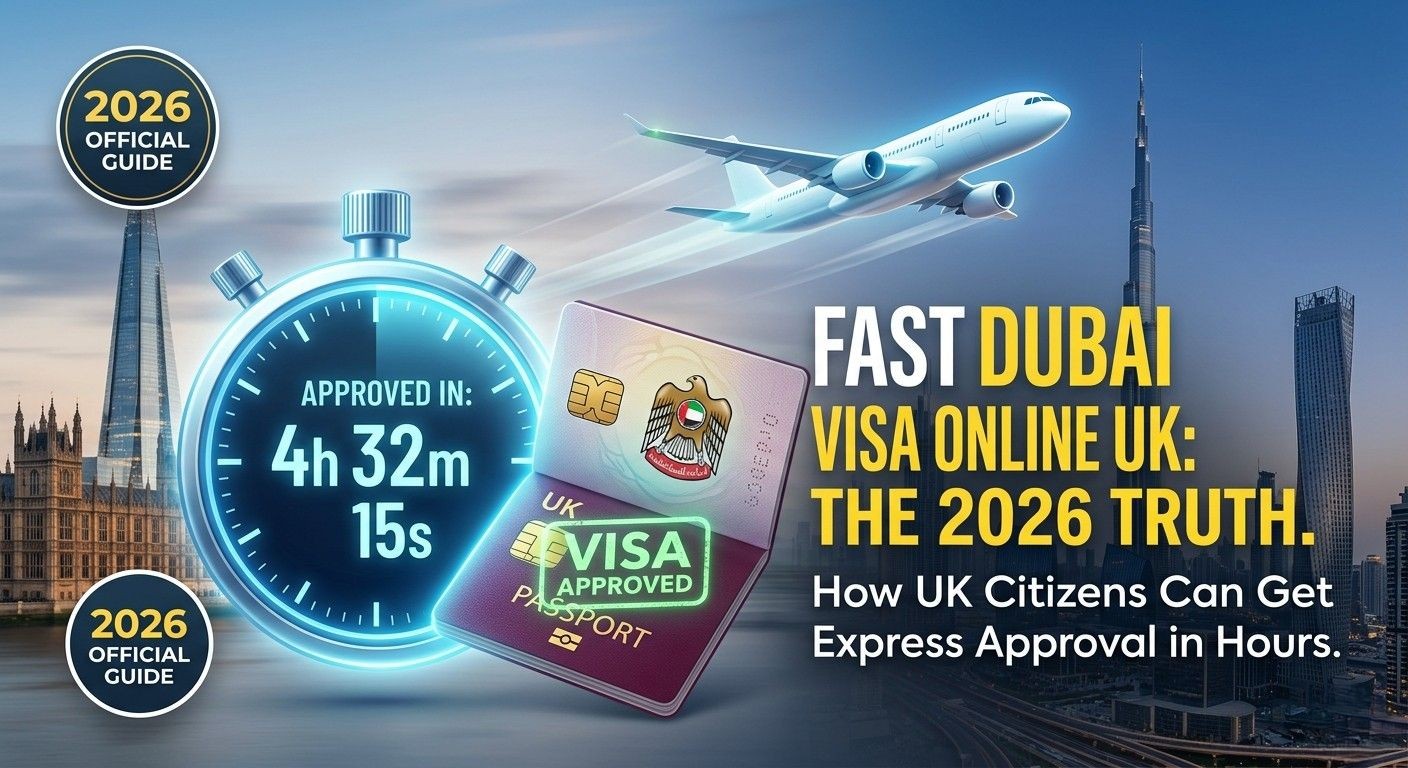 A visual infographic for a blog post titled 'How Fast Can UK Citizens Get a Dubai Visa Online,' featuring a stopwatch showing a processing time of 4 hours, 32 minutes, and a UK passport with an approved UAE visa