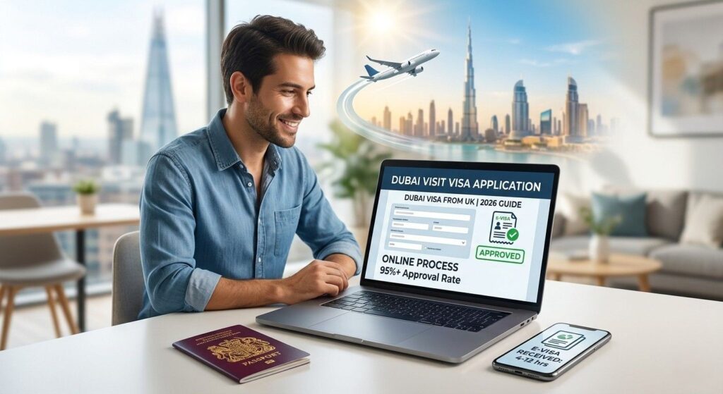 applying online for a Dubai visa on a laptop showing 'E-visa Approved' with UK passports on the desk.