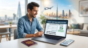 applying online for a Dubai visa on a laptop showing 'E-visa Approved' with UK passports on the desk.