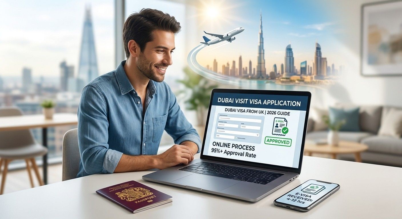 applying online for a Dubai visa on a laptop showing 'E-visa Approved' with UK passports on the desk.
